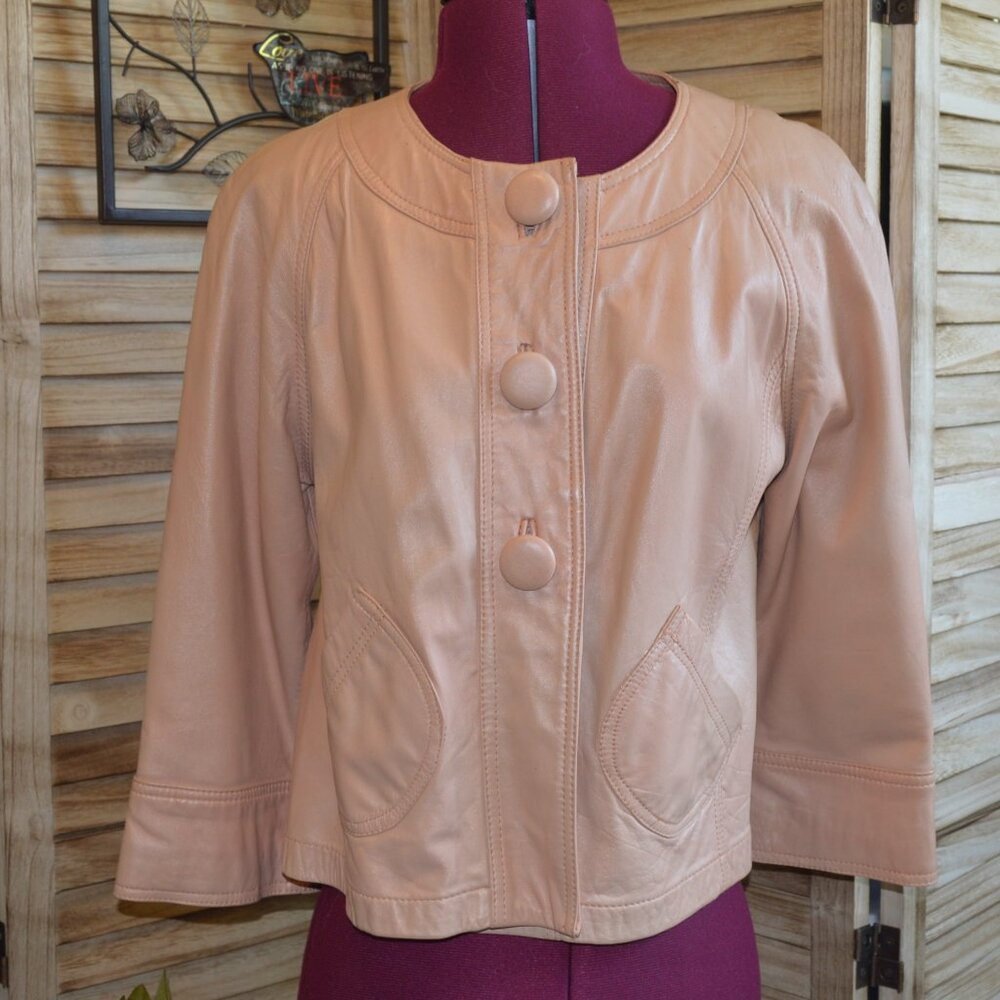 Chico's 1/M Peachy Beige Leather Jacket 3/4 Sleeves Slanted Pockets